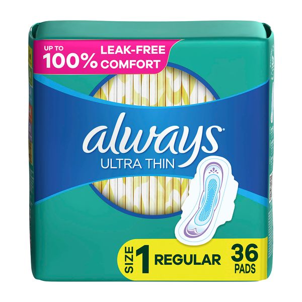 Always Ultra Thin Feminine Pads For Women, Size 1 Regular Absorbency, With Wings, Unscented, 36 Count