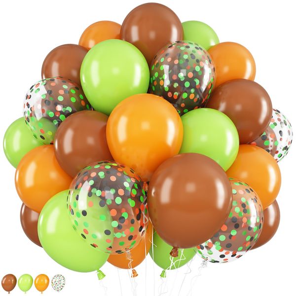 Green Brown Balloons, 12Inch Brown Orange Lime Green Latex Balloons with Confetti Party Balloon Woodland Coffee Light Fruit Green Balloons Set for Jungle Safari Birthday Wedding Forest Decorations