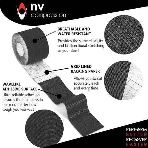 NV Compression Kinesiology Tape | 5m Roll of Elastic Muscle Support Tape for Exercise, Sports & Injury Recovery (Black)