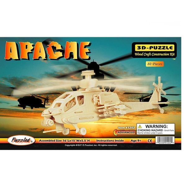 Puzzled 3D Puzzle Apache Helicopter Wood Craft Construction Model Kit, Fun Unique & Educational DIY Wooden Toy Assemble Model Unfinished Crafting Hobby Puzzle, Build & Paint for Decoration 80pc Pack