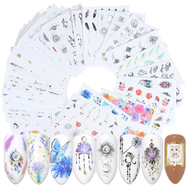 40 Sheets Flowers Nail Art Stickers, Holographic Flower Leaf Butterfly Pendant Necklace Feather Animal Line Nail Art Decals, Floral Resin Water Transfer Decal for Women Manicure Charms Decorations