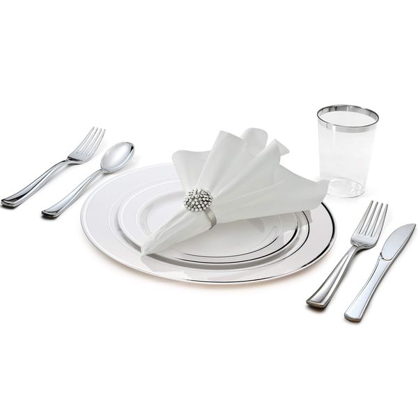 " OCCASIONS " 180 pcs/20 Guest-Full Tableware Set-Wedding Disposable Plastic Plates Silverware, Silver Rim Tumblers & Linen Feel Napkins/Metal Napkin Rings (Combo D, White & Silver Rim)