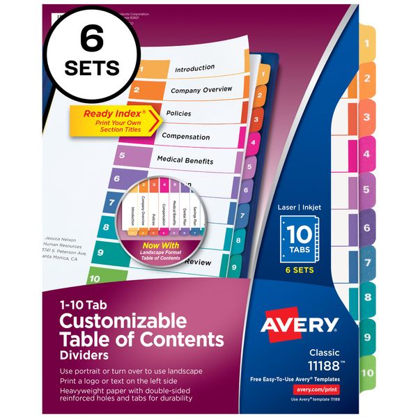 Avery 10 Tab Dividers for 3 Ring Binders, Customizable Table of Contents, Multicolor Tabs, 6 Sets (11188)