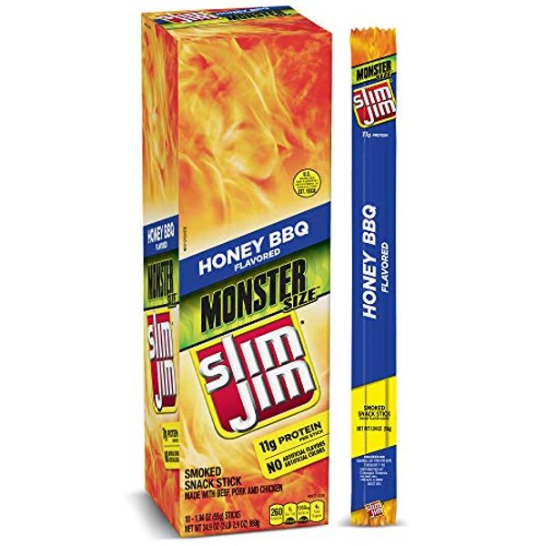Slim Jim Monster Smoked Meat Sticks, Honey BBQ, Packed with Protein, 1.94 Oz. Sticks, 18 Count