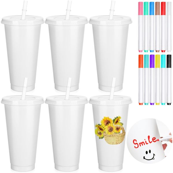 Yetene 6 Pcs Paint Your Own Cups with 12 Color Pen DIY Kit Paintable Plastic Cups with Lids and Straws Personalized Tumblers DIY Goodie Cups for Color Your own Craft Supplies (24oz)