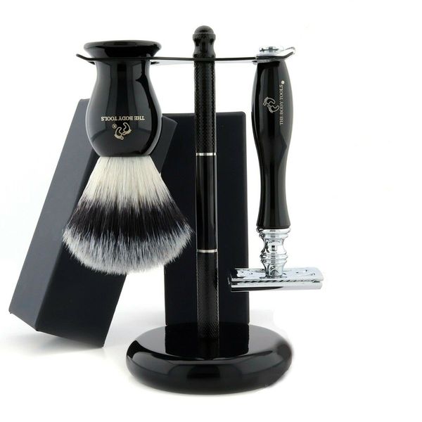 Shaving Kit - 3 Pcs Shaving Brush Set - Shaving Set - Synthetic Shaving Brush - Double Edge Safety Razor - Shaving Stand - Mens Shaving Set - and women - black