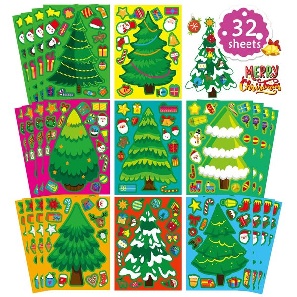 32 Sheets Christmas Tree Stickers for Kids Make a Face Stickers Make Your Own Christmas Tree Stickers DIY Christmas Party Game Stickers Xmas Holiday Party Games Activities Supplies Favors Gifts