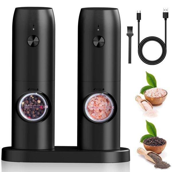 Bestore Electric Salt and Pepper Grinder Set, 2pcs USB Rechargeable Set Adjustable Coarseness with Base Mill LED Light, One Hand Operation, Black