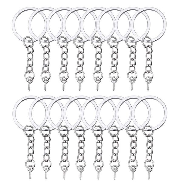 HAUTOCO Keyring Making Kit, 100Pcs Flat Split Key Ring Hoops (25mm) with Chain+Open Jump Rings and Screw Eye Pins, Metal Keyring Rings for Crafts Charm Jewelry Making Resin Keychain Accessories