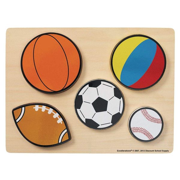 Excellerations Sport Balls Chunky Puzzle with Chunky Wooden Pieces, 5-Piece Puzzle, Toddler, Preschool, Educational Toys and Gift (Item # CPSB)