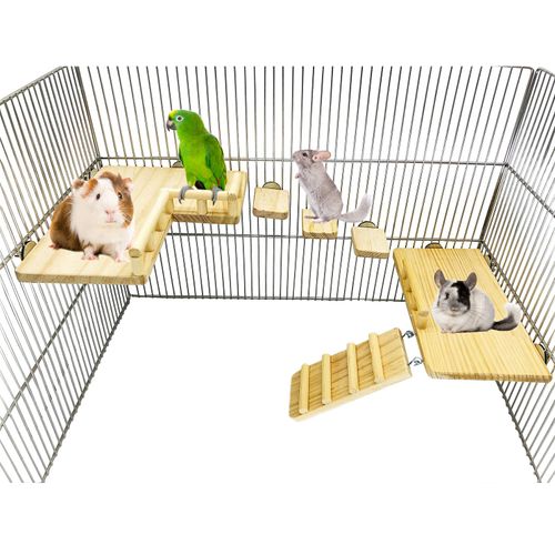 CAREUPET Wooden Platform with Ladder, Pet Activity Structure, Bird, Chinchilla, Guinea Pig, Hamster, Rat Cage Accessories