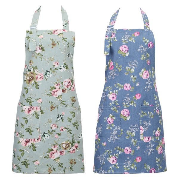 FANTESI 2 Pack Kitchen Aprons for Women, Adjustable Floral Aprons Chef Bakers Apron Cooking Apron with Big Pockets for Cooking Baking Gardening (Flowers)