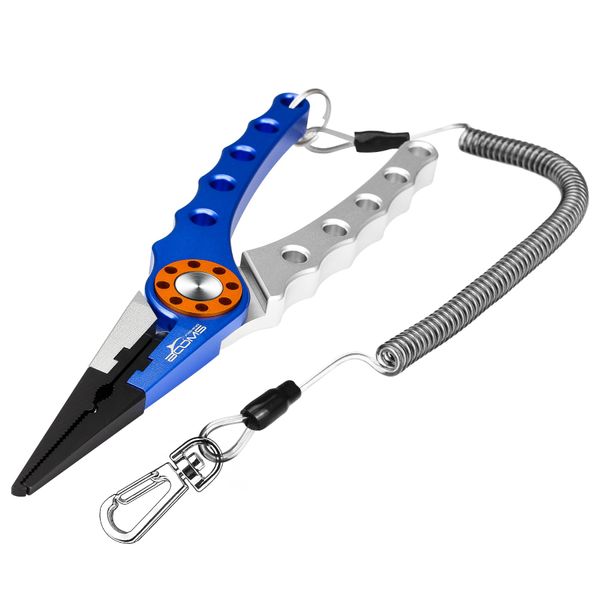 Booms Fishing X01 Aluminum Fishing Pliers Saltwater, Surf Fishing Tackle Kit, Fishing Multitool Hook Remover, Braided Fishing Line Cutter, Split Ring Pliers, with Coiled Lanyard and Sheath, Blue