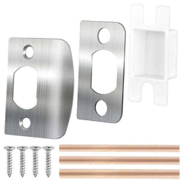 Door Latch Strike Plate, Stainless Steel Latch Restorer D Type Door Strike Plate with Spacer Shim Screws Wood Dowel Strips for Door Frame Repair(Silver)