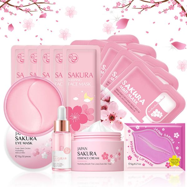 Skin Care Set,Cherry Blossom Skin Care Sets & Kits, Skin Care Kit For Women & Girls,Skincare Gift Set With Serum,Face Cream,Sleep Mask,Eye Mask,Mud Mask,Lip Mask Japanese Skincare Products