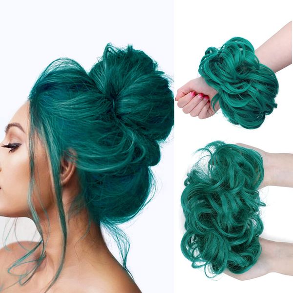 C8BUSIS Hair Buns Hair Piece Scrunchies Full Thick Updo Hairpiece With Elastic Rubber Band Messy Bun Curly Wavy Synthetic Chignon Ponytail Extensions Wig For Women Girls (Green, 1 Pcs)