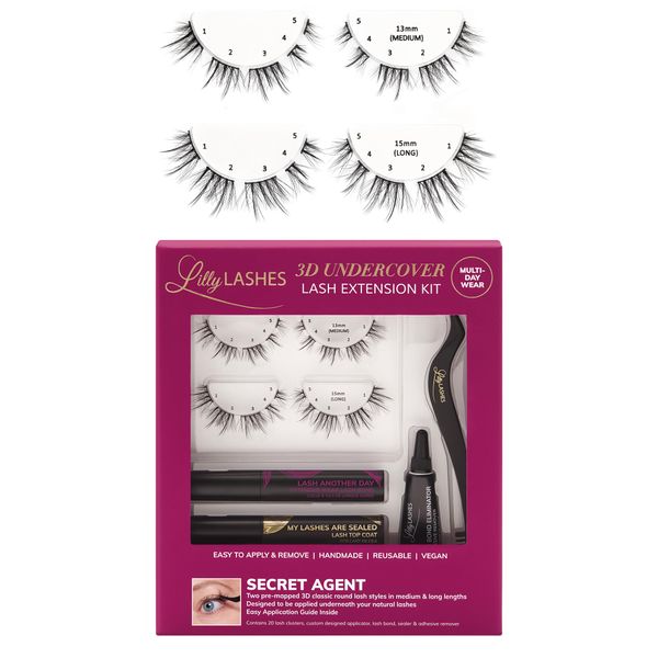 Lilly Lashes 3D Undercover Kit - DIY Lash Extension Kit in Secret Agent - At Home Eyelash Extension Kit Includes Lash Clusters + Lash Bond and Seal + Lash Applicator Tool - Classic Lengthening Style