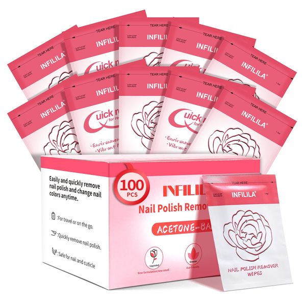 NXJ INFILILA Nail Polish Remover Pads, Acetone Nail Polish Remover, 100PCS Quick Nail Polish Remover Wipes, Individually Wrapped Nail Polish Remover Wet Wipes with Aloe Vera for Removing Nail Polish