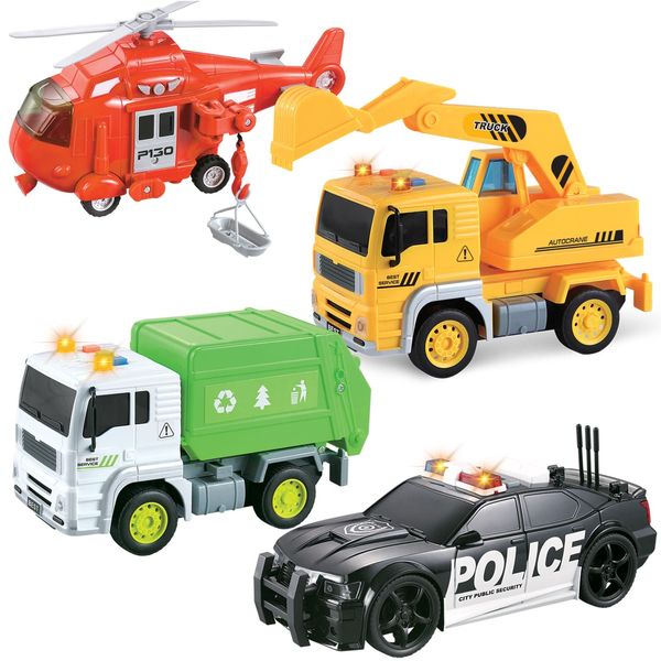 Vokodo 4 Pack City Heroes Vehicle Bundle Toy Playsets, Friction Powered Includes Fire Rescue Helicopter, Sanitation Dump Truck, Excavator, Police Cruiser Car, Pretend Play Toys for Toddlers Kids Boys