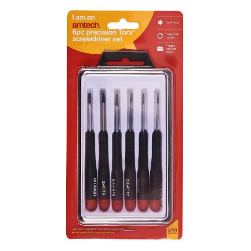 Amtech L0530 6pc Precision Torx Screwdriver Set, T5, T6, T7, T8, T9 & T10 Plastic Handles Screwdrivers with Plastic Storage Case