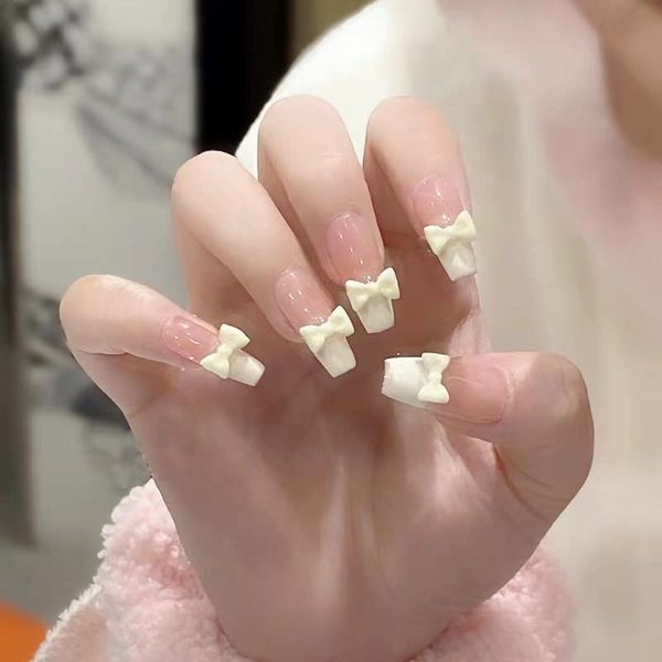 AAGWW Nail Tips, Berry Short, False Nails, Long, Coming-of-Age Ceremony, Mat, False Nails, Cute, Beautiful Shell Supplies, Workshop, Glue Design (Color: Pink French White Ribbon, Product Contents: 24 Nail Art + Glue)