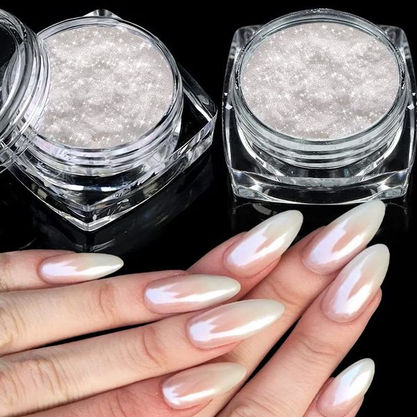 2 Boxes White Pearl Chrome Nail Powder - Transparent Clear Ice Shimmer Chrome Pigment Powder for Nails, Glazed Donut Inspired Nails Mirror Effect Glitters Nail Art Powder for DIY Salon