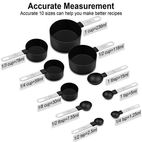 FONYA 10 Pieces Measuring Cups and Spoons Set ， 5 Measuring Cups / 5 Measuring Spoons Nesting Measure Cups with Stainless Steel Handle，for Dry and Liquid Ingredient （Black）