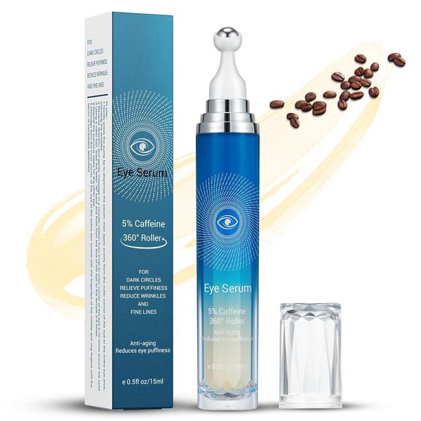 5% Ordinary Caffeine Eye Serum for Dark Circles and Puffiness, Under Eye Serum for Daily Skincare, Moisturizing Eye Cream with 360° Massage Roller Ball, Eye Serum Anti Aging Wrinkles, Dark Circles