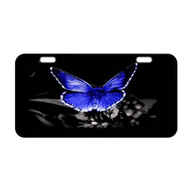 Pretty Blue Butterfly On Flower With Black Background Durable Aluminum Car License Plate 11.8" x 6.1"