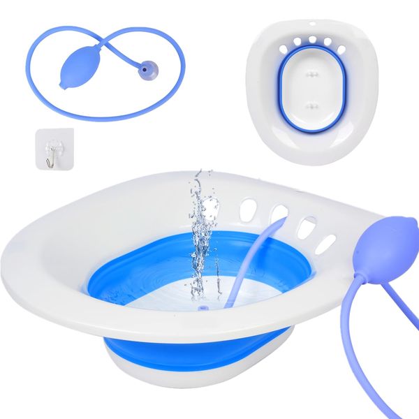 PRIDKEN Sitz Bath,Sitz Bath for Hemorrhoids, Sitz Bath for Toilet Seat, Sitz Bath for Postpartum Care,Collapsible Sits Bath Kit for Women,Easy to Store,Flusher Hose,Wide Seat,Deeper Bowl (Manual Blue)