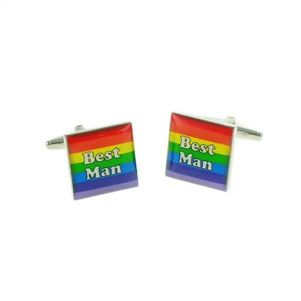 Best Man Rainbow Wedding Design Square Cufflinks, Presented in a Personalised Engraved Box