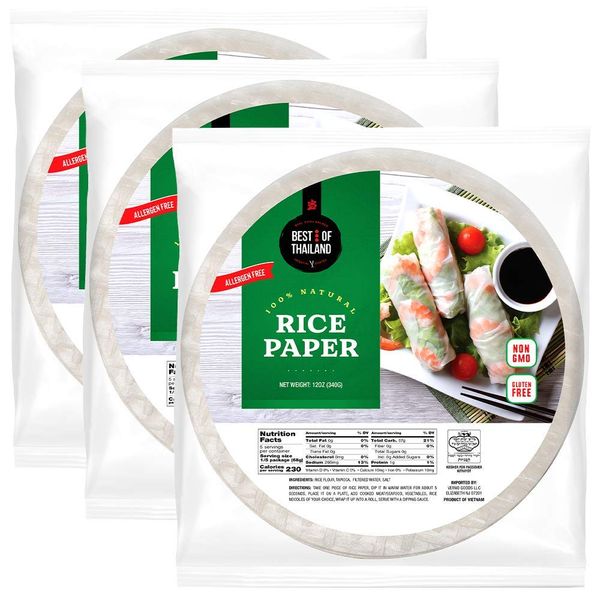 Best of Thailand [Round] White Rice Paper Wraps 3 Pack | Perfect for Fresh Spring Rolls & Dumplings | Non-GMO, Gluten-Free, Vegan & Paleo | Kosher for Passover Kitniyot