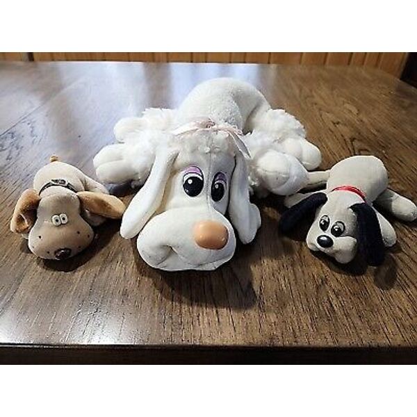 Lot VTG Pound Puppies White Poodle 17" Plush Gray Toy Dog Kennel Kuddlees Brown