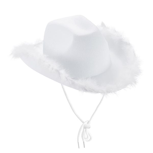 ESSECMBS Girls Kids Fluffy Feather Cowgirl Hats Little Boys Wide Brim Western Cowboy Hat Solid Color Jazz Hats for 3-15 Years (B-White, Kids)