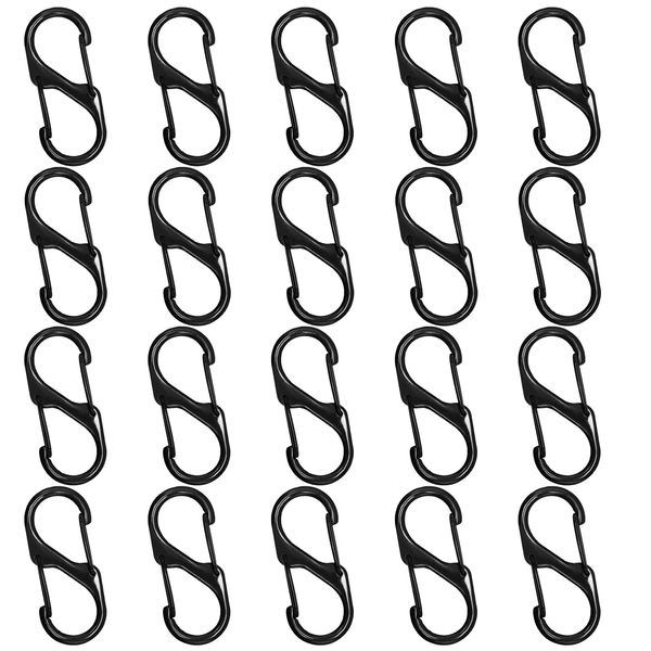 20 Pcs Locking Carabiner Buckle, S Carabiner Keyring Clip, Dual Spring Opening Keychain Clip, Zinc Alloy Carabiners, Double Clip Hook, for Outdoor, Camping, Hiking, Travel (Black)