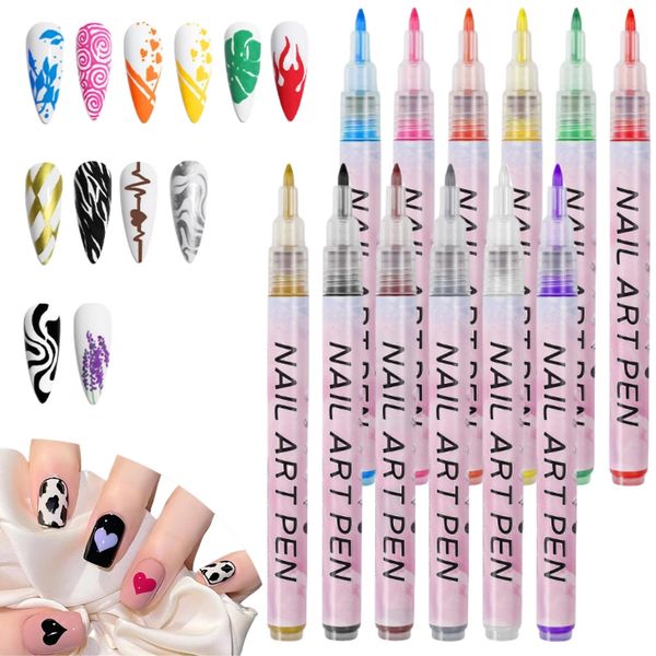 Nail Art Pens,12 Colors Nail Art Graffiti Pen Nail Drawing Pen,Waterproof Nail Polish Pens Set,Nail Varnish Pens,Nail Pens,Nail Polish Pen Set,Nail Varnish Pen,Nail Gel Pens,0.7mm Quick Dry Nail Art