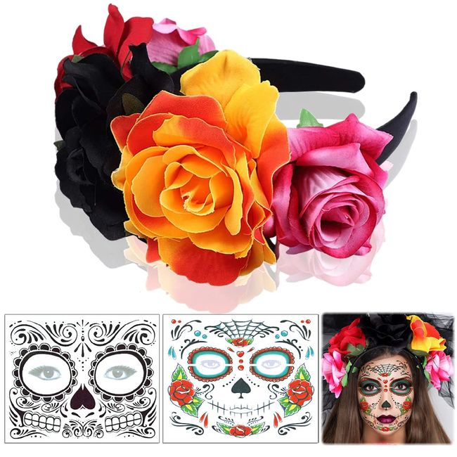 Tag der Toten Haarreif, Halloween Kopfschmuck, Mexikanischen Blumen Kronen, und 2 Stück Halloween Temporäre Gesicht Tattoos, Kostüm Damen Haarschmuck für Halloween Karneval Fasching