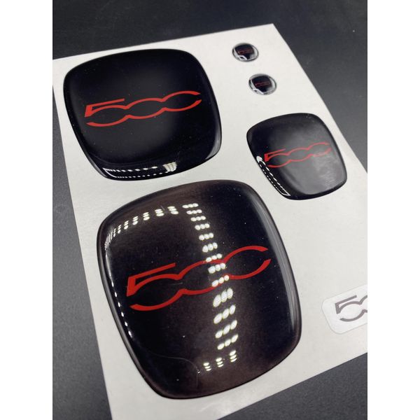 Sticker Compatible with 500 Front, Rear + Steering Wheel + 2 Emblems for Keyring. for Bonnet and Trunk. Resin Stickers, 3D Effect, Colour: Black-Red