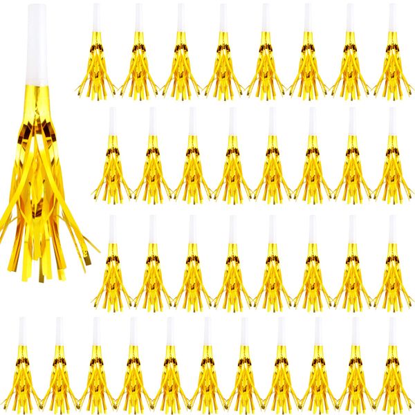 Cagemoga 36 Pieces Glitter Metallic Fringed Noisemakers Musical Party Blowers Blowouts Whistle Party Blow Horns for New Years Birthday Party Supplies Sporting Event Celebrations (Gold)