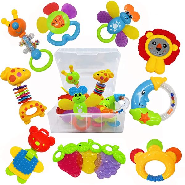 AIVIAI Baby Toys 0-6 Months Infant Toys 0-3 Months Infant Rattles Baby Rattle Teether Toy Set with Storage Box Musical rattles for Newborn Boy Girl Gifts Set with Baby's First Rattle Teether (11pcs)