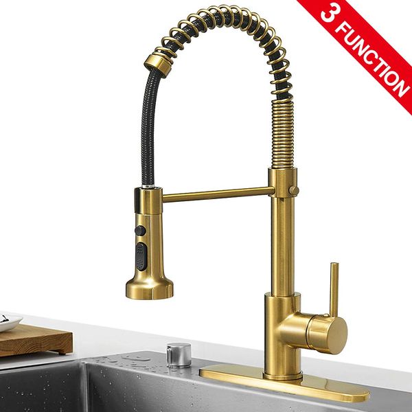 Hoimpro Brushed Gold High Arc Spring Kitchen Faucet with Pull Down Sprayer, Commercial Rv Single Lever Kitchen Sink Faucet ,3 Function Single Handle Laundry Faucet, Brass / Brushed Gold (1 or 3 Hole)