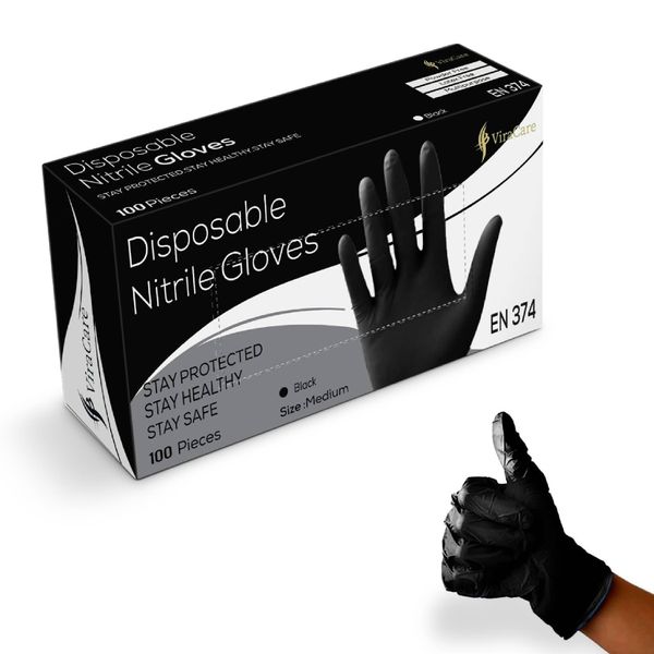 100 x Black Disposable Gloves | Black Nitrile Gloves | Latex free Gloves | Powder Free Gloves | Black Gloves Disposable | Strong And Non-Sterile (Medium, 1 Pack of 100)