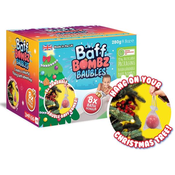 Zimpli Kids 8 x Bauble Bath Bombs from, Christmas Tree Decorations, Xmas Gifts for Children, Stocking Fillers, Bath Fizzers, Bath Fizzers, Christmas Toys, Organic & Vegan Friendly, Non-Toxic