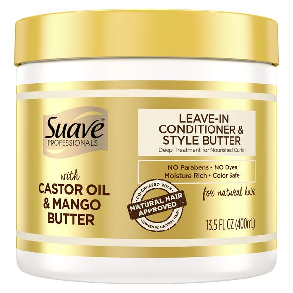 Suave Professionals Hair Conditioner Leave In Styling Butter for Natural Hair Castor Oil & Mango Butter No Parabens, No Dyes, Moisture Rich, Color Safe 13.5 oz