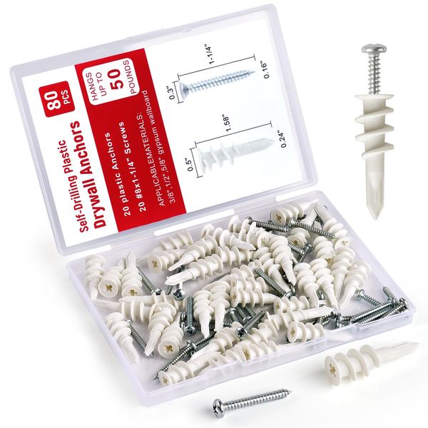 #8 Drywall Anchors, 80Pcs Wall Anchors and Screws for Drywall, Plastic Self Drilling Drywall Anchors, 40 Self-Tapping/Threaded Sheetrock Anchors + 40#8 x 1-1/4'' Screws