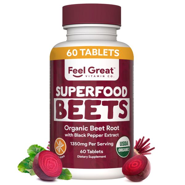 Organic Beet Root Powder Supplements (Tablets) by Feel Great Vitamin Co.| Beets Nitric Oxide Supplement | Red Beet Powder Support Healthy Circulation with Natural Nitrates for Natural Energy*