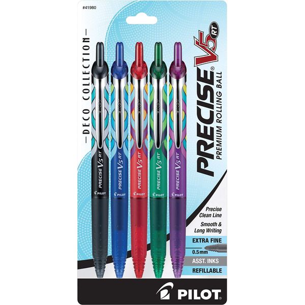 Pilot, Precise V5 RT Deco Collection Refillable & Retractable Liquid Ink Rolling Ball Pens, Extra Fine Point 0.5 mm, Black/Blue/Red/Green/Purple, Pack of 5