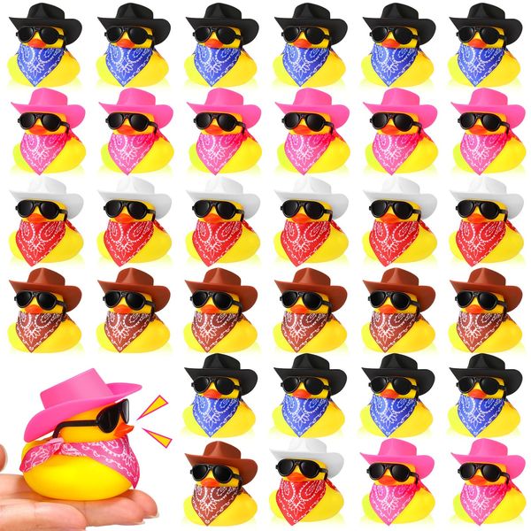 36 Set Cowboy Rubber Duck Mini Yellow Duckies Bath Party Toy Tiny Ducks Bathtub Toy with Cowboy Hat Paisley Bandanas Sunglasses for Summer Baby Shower Birthday Swimming Party (Cute Style, 36 Pieces)