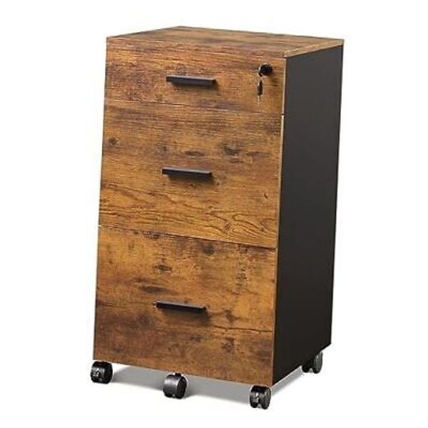 3 Drawer Rolling File Cabinet with Lock, Wood Filing Cabinet fits Rustic Brown