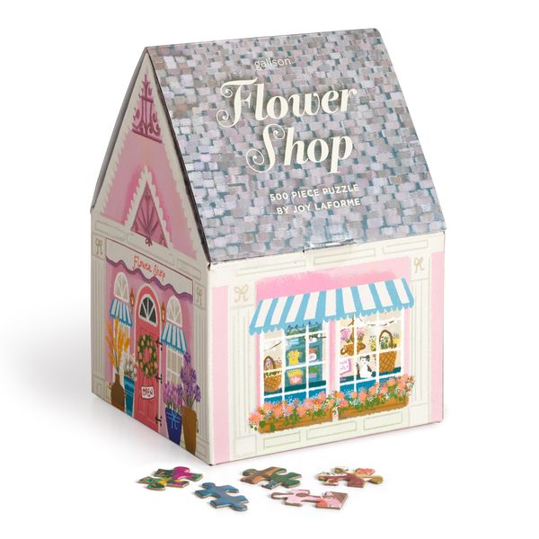 Galison Joy Laforme Flower Shop – 500 Piece Unique House Shaped Puzzle with Dreamy and Springtime Artwork of A Cozy Flower Shop